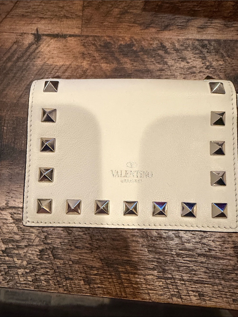 Valentino Garavani Cream Leather Bifold Wallet with Gold Rockstuds